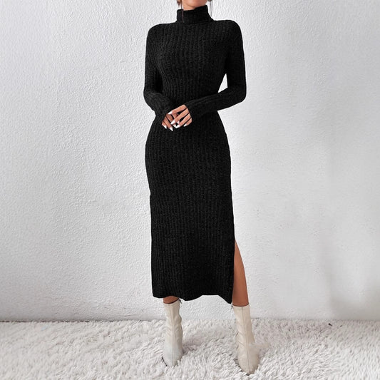 Female Solid Color High Neck Semi-high Neck Black Knitted Dress