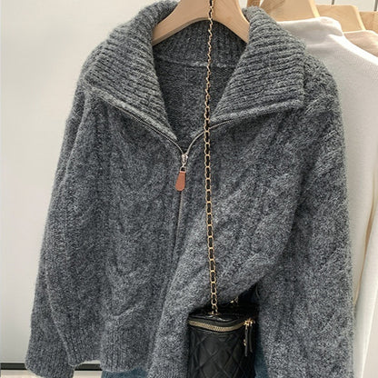 Korean-style Double Zipper Cable Knit Sweater Coat For Women
