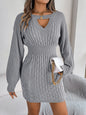 Solid Color Cable Knit Hollow Out Lantern Sleeve Bodycon Sweater Dress