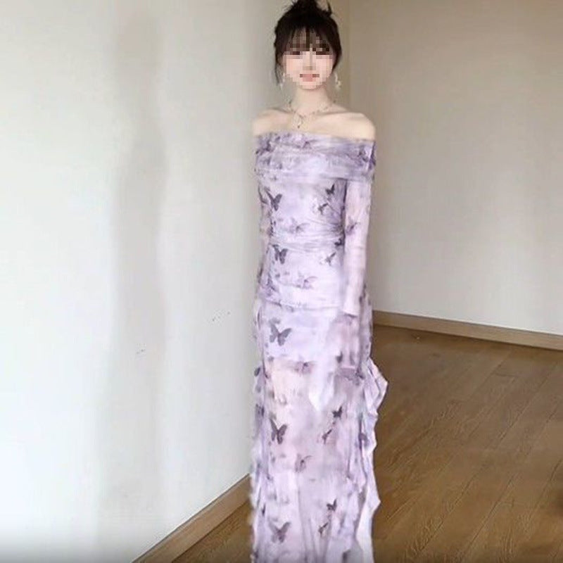 Off-shoulder Mesh Long-sleeved Dress For Women