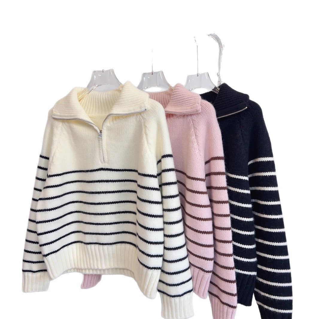 Half-zip Stand Collar Women's Korean-style Niche Striped Loose Sweater