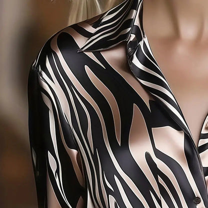 Women's Abstract Print Button Down Shirt, V-Neck Collared Blouse, Dressy Casual Long Sleeve Tops