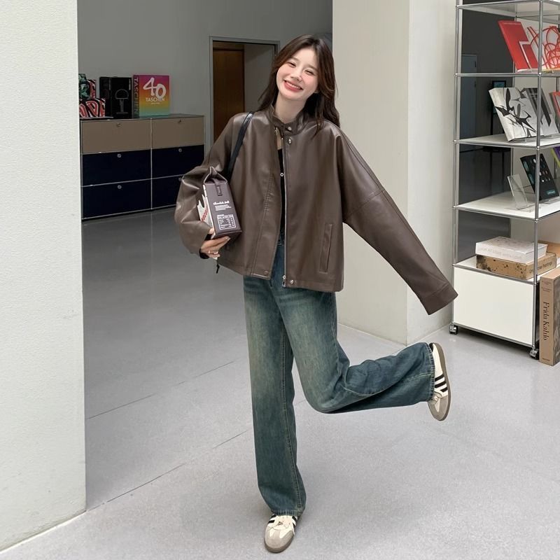 Womens Cropped American Retro Coffee-colored Leather Biker Jacket