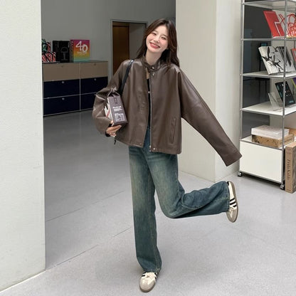 Womens Cropped American Retro Coffee-colored Leather Biker Jacket