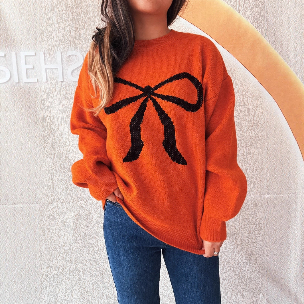 Women's Round Neck Bow Long Sleeve Warm Sweater