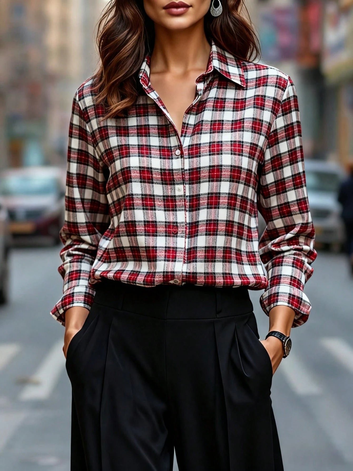 Womens Plaid Shirt Slimming, Figure-Hugging Korean-Style Long-Sleeve Top