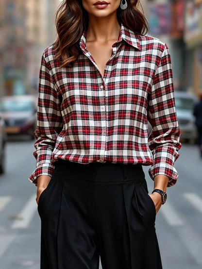Womens Plaid Shirt Slimming, Figure-Hugging Korean-Style Long-Sleeve Top