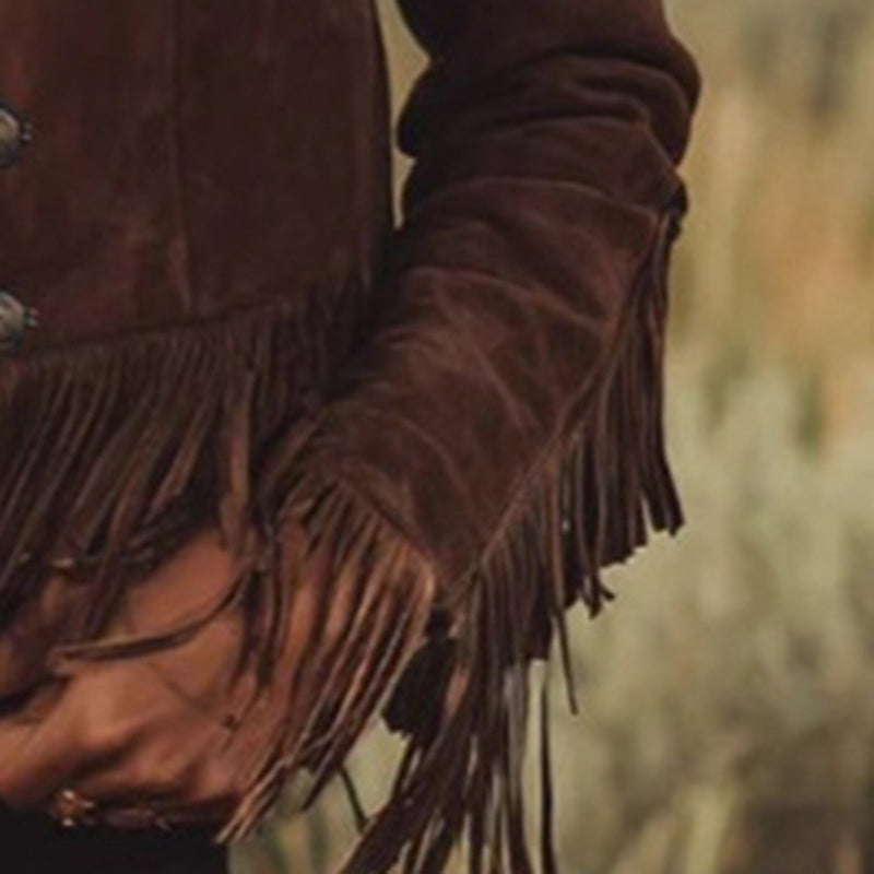 Women's Solid Color Fringe Suede-Look Jacket, Western Style Long Sleeve Button Front Coat For Fall & Winter