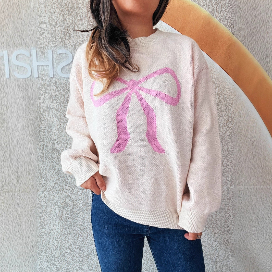 Women's Round Neck Bow Long Sleeve Warm Sweater