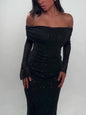 Black Off-Shoulder Maxi Dress With Glitter Detail And Mesh Sleeves