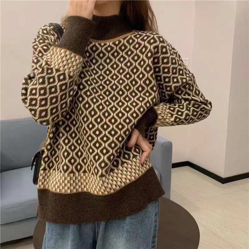 Womens Retro Chic Contrast-Knit Sweater