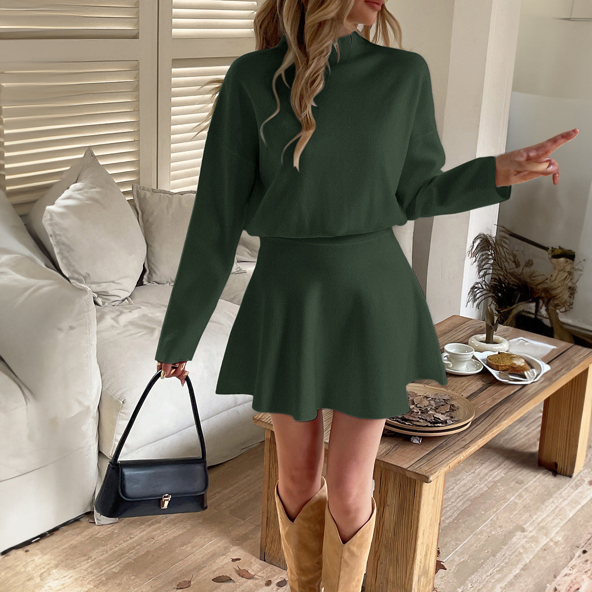 Womens Solid-Color Elegant Knit Long-Sleeve Dress