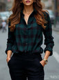 Womens Plaid Shirt Slimming, Figure-Hugging Korean-Style Long-Sleeve Top