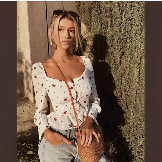 French Retro Square Neck Print Single-breasted Long Sleeve Ruffle Shirt