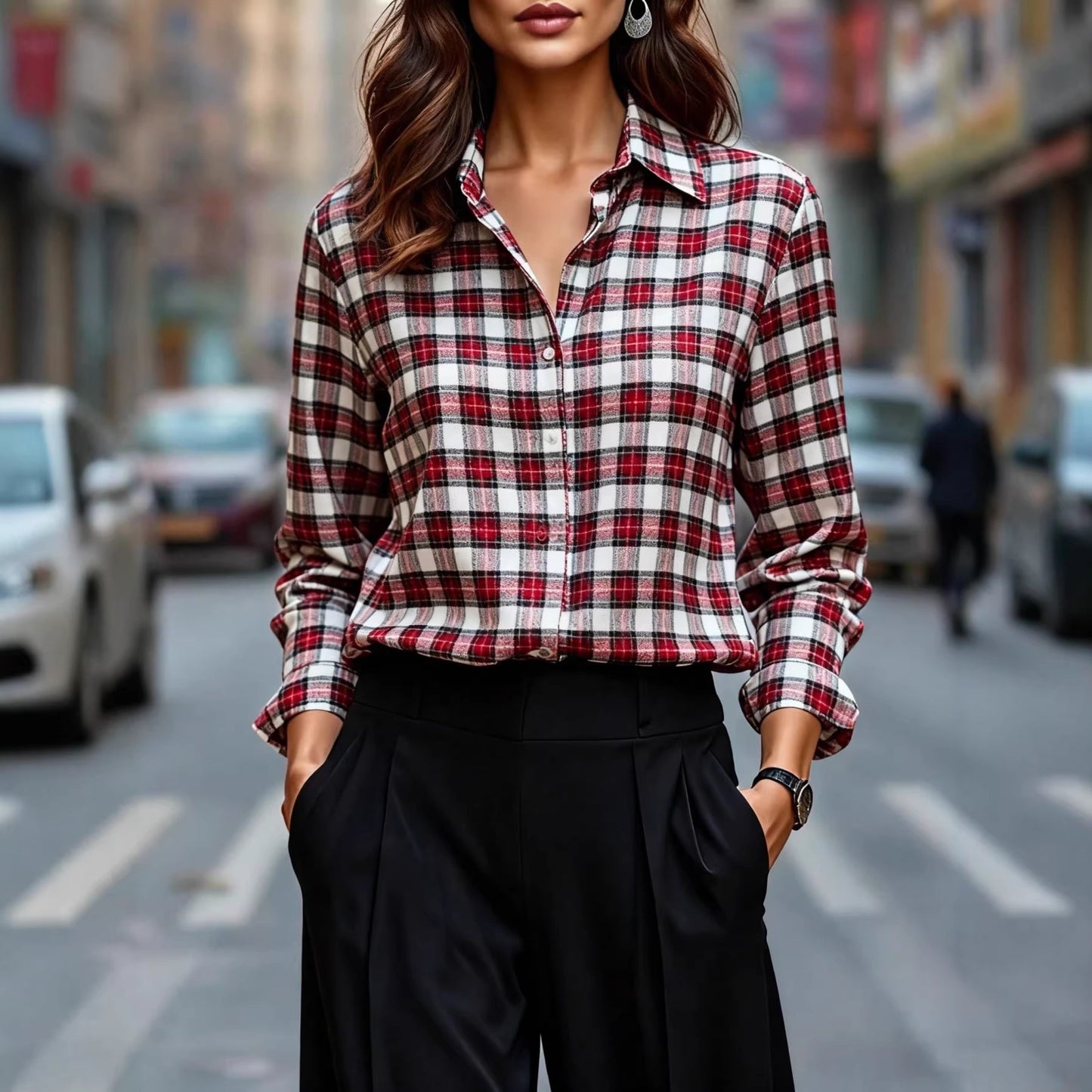 Womens Plaid Shirt Slimming, Figure-Hugging Korean-Style Long-Sleeve Top