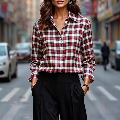 Womens Plaid Shirt Slimming, Figure-Hugging Korean-Style Long-Sleeve Top