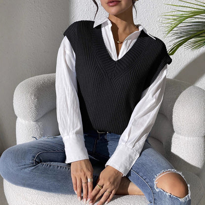 Solid Color Women's Vest V-Neck Simple Casual Knit Sweater Vest