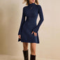 Women's High Neck Flared Sleeve Knit Sweater Dress Elegant Solid Color Long Sleeve