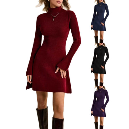 Women's High Neck Flared Sleeve Knit Sweater Dress Elegant Solid Color Long Sleeve