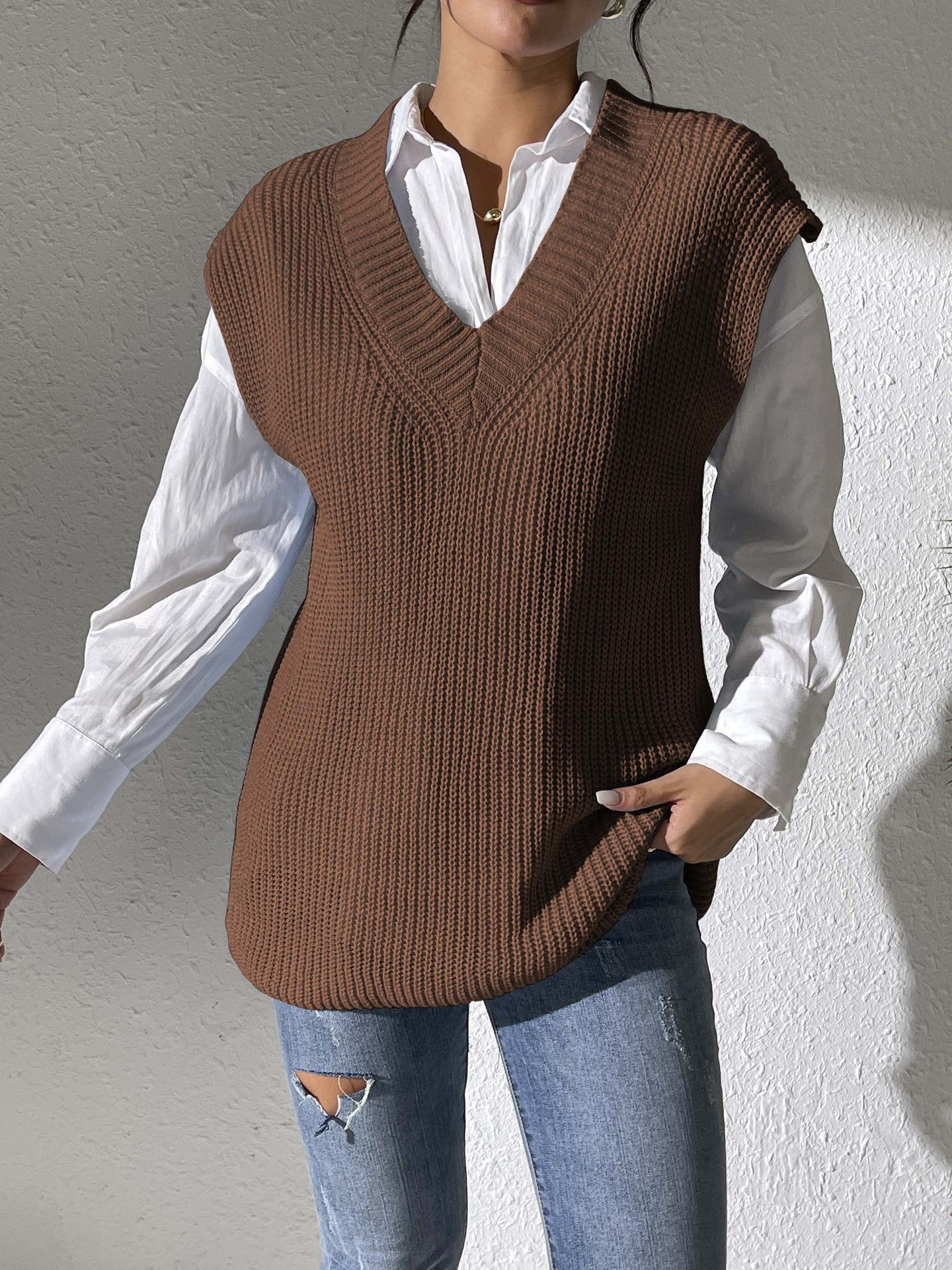 Solid Color Women's Vest V-Neck Simple Casual Knit Sweater Vest