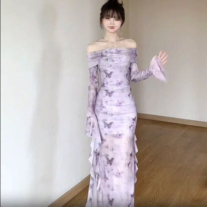 Off-shoulder Mesh Long-sleeved Dress For Women