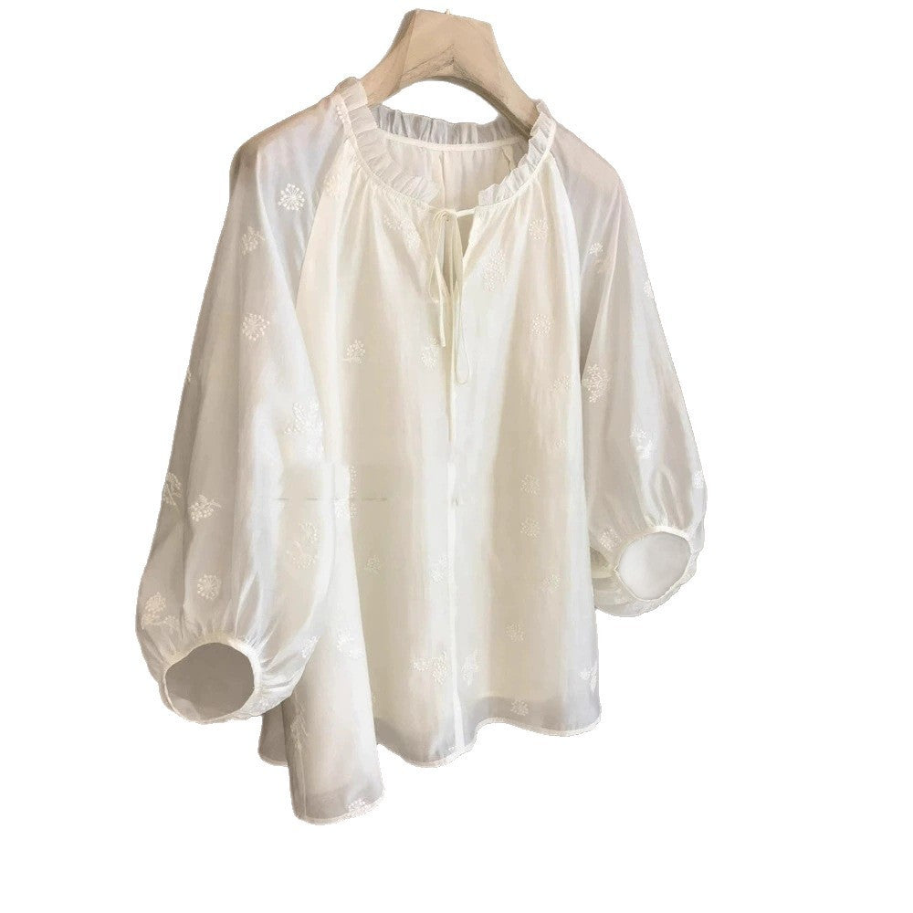French Retro Lantern Sleeves Slimming Embroidered Women's Shirt