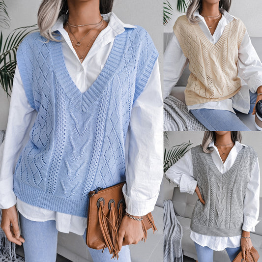 European And American Hollowed Out Twist V-neck Knitted Vest Sweater
