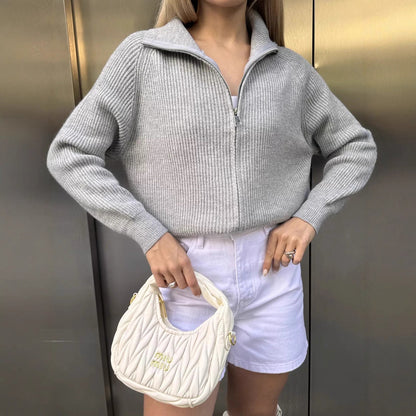 Women's Casual Knit Dual-zip Solid Color Sweater